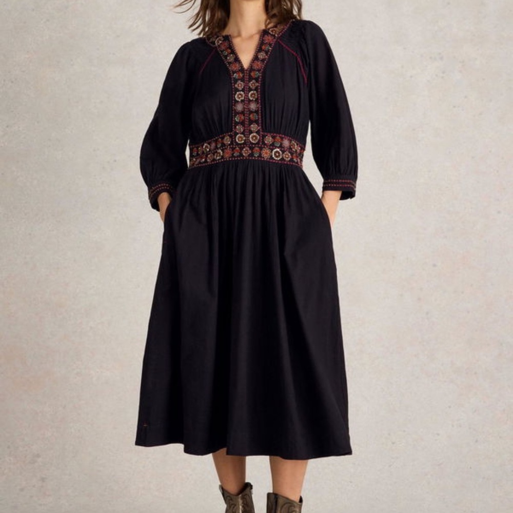 White Stuff Finn Organic Cotton Embellished Black Midi Dress | Size 20 | NWT